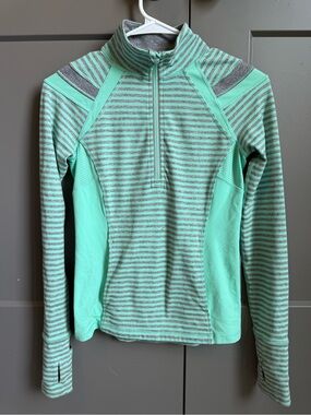 Ivivva Athletica Mint Green Gray Striped 1/4 Zip Pullover Thumbholes Size 12